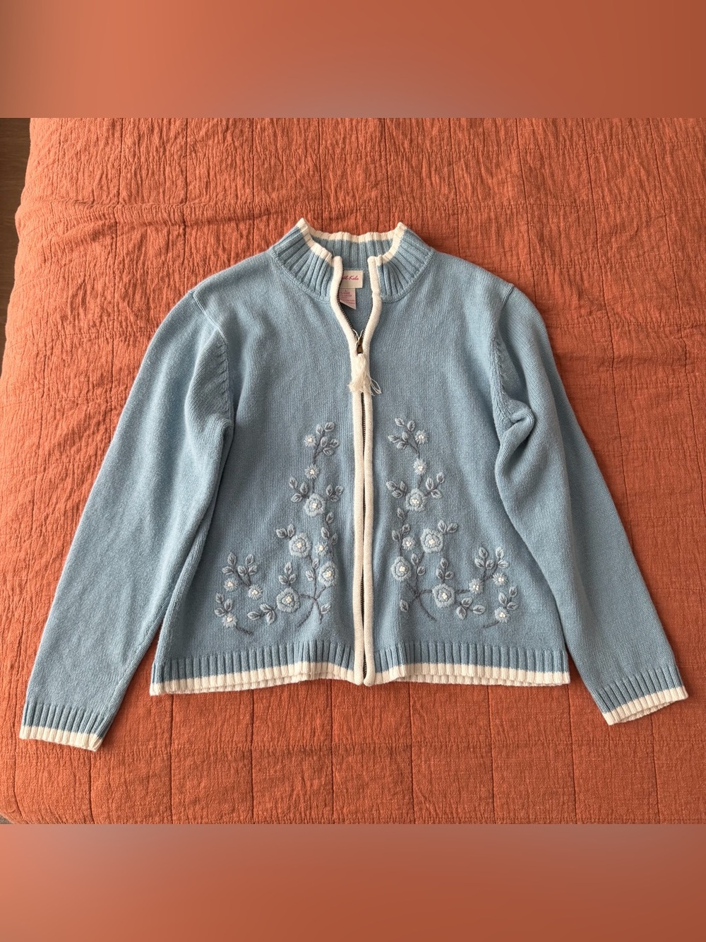 Vintage Crystal Kobe Embroidered Zip Up Sweater L Blue Cottagecore Grandma 90s